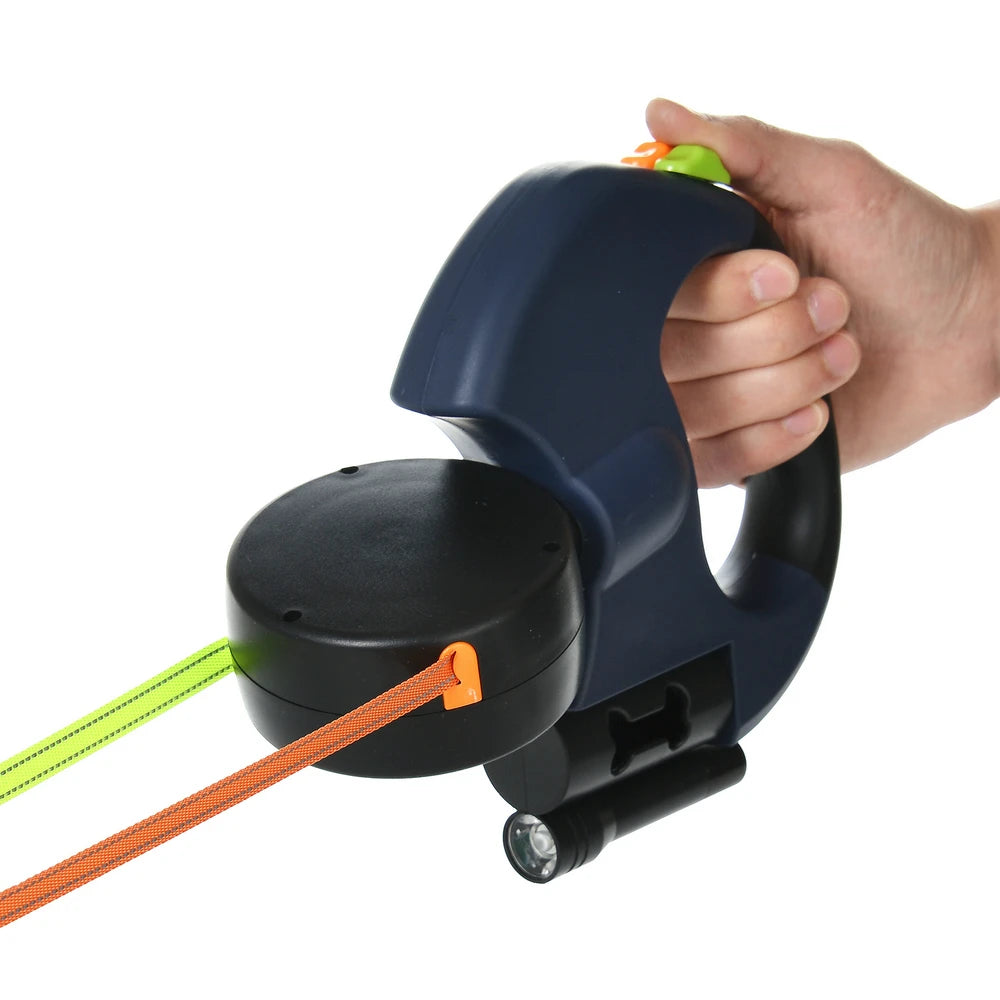 3M Reflective Retractable Dual Dog Leash for Small Dogs with 360° Swivel and Integrated Lights