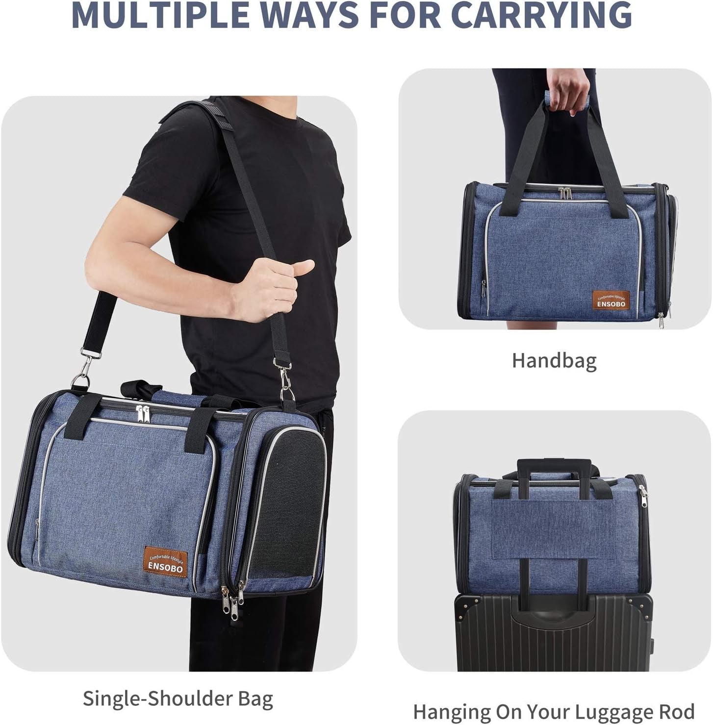 Cat Carrier Bag in Denim Fabric,  Pet Transport Bag for Cats and Small Dogs, TSA Approved Pet Travel Carrier with Two Bigger Side Bags, Shoulder Strap for Carrying, Denim Blue