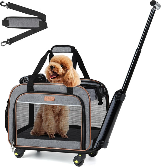 Dog Carrier with Wheels Rolling Pet Carrier Cat Carrier Airline Approved,Wheeled Pet Carrier with Telescopic Walking Handle,Grey