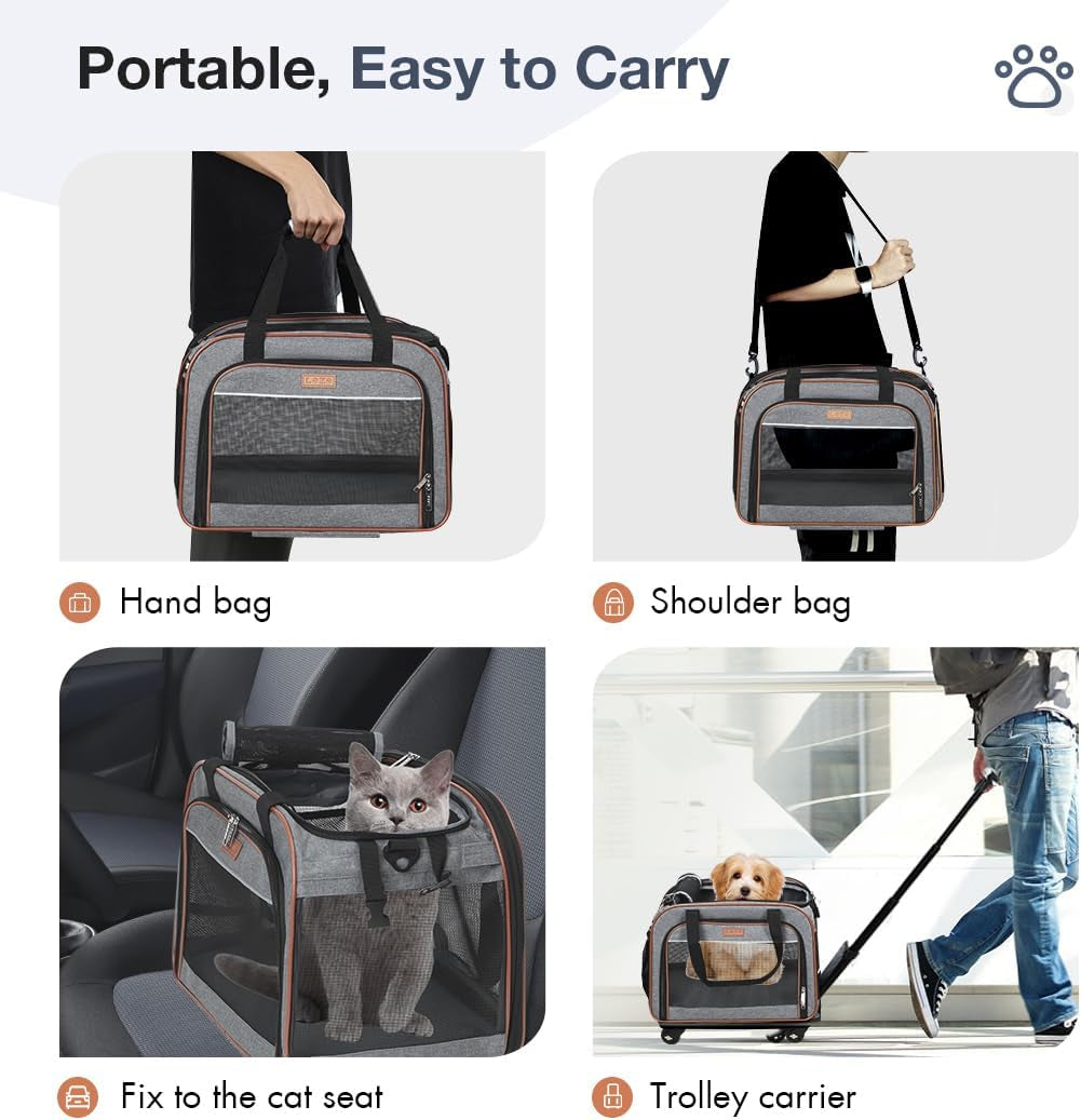 Dog Carrier with Wheels Rolling Pet Carrier Cat Carrier Airline Approved,Wheeled Pet Carrier with Telescopic Walking Handle,Grey