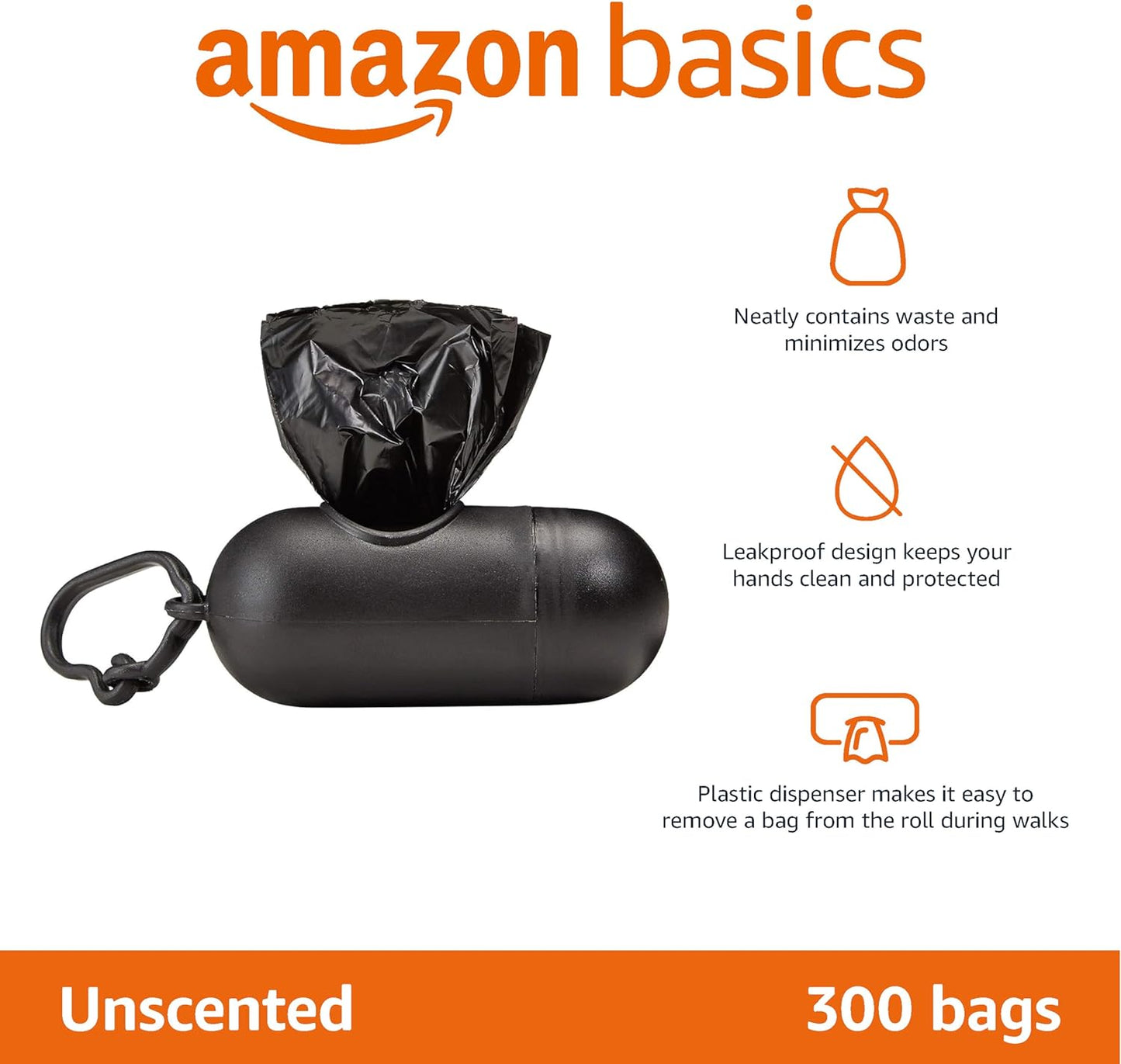 Unscented Standard Dog Waste Bags with Dispenser and Leash Clip, 33.02 x 22.86 cm, Black - 20 Rolls (300 Bags)