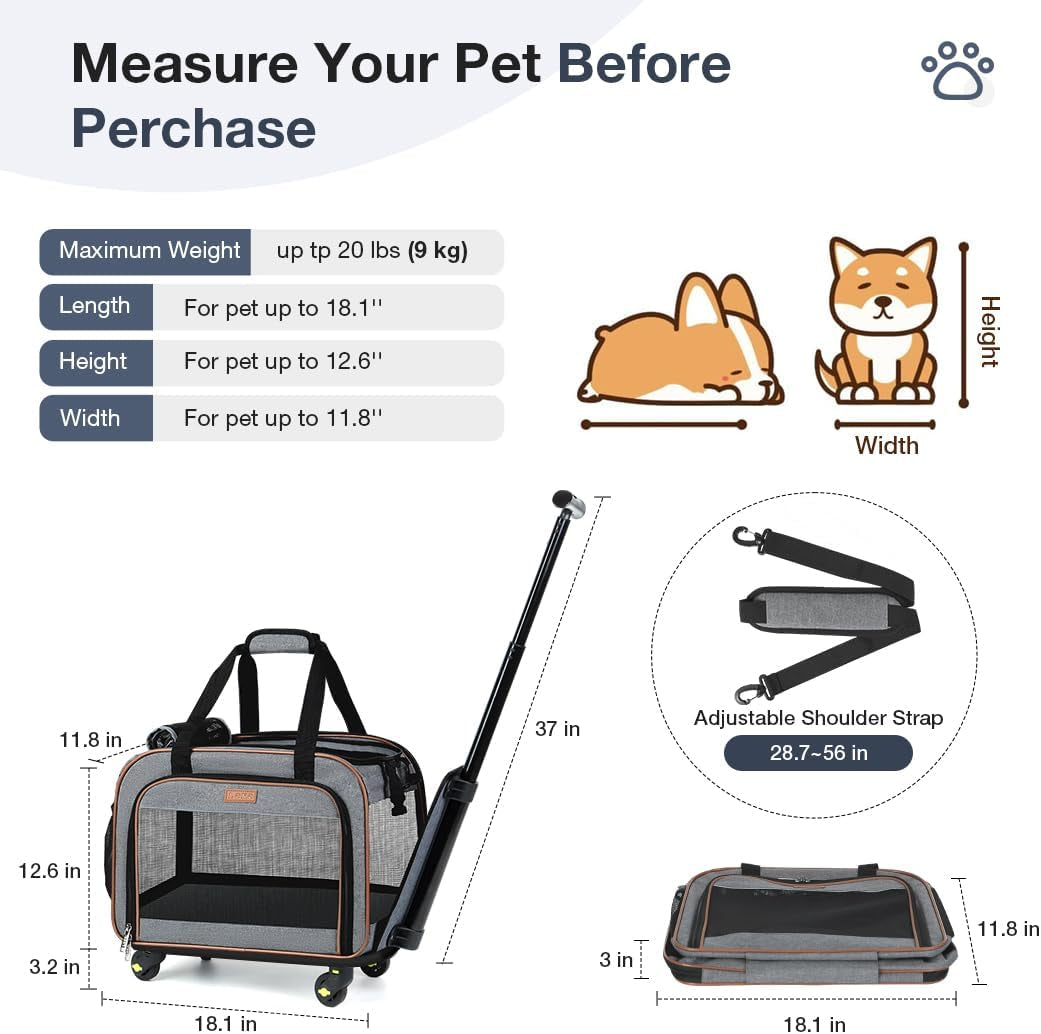 Dog Carrier with Wheels Rolling Pet Carrier Cat Carrier Airline Approved,Wheeled Pet Carrier with Telescopic Walking Handle,Grey