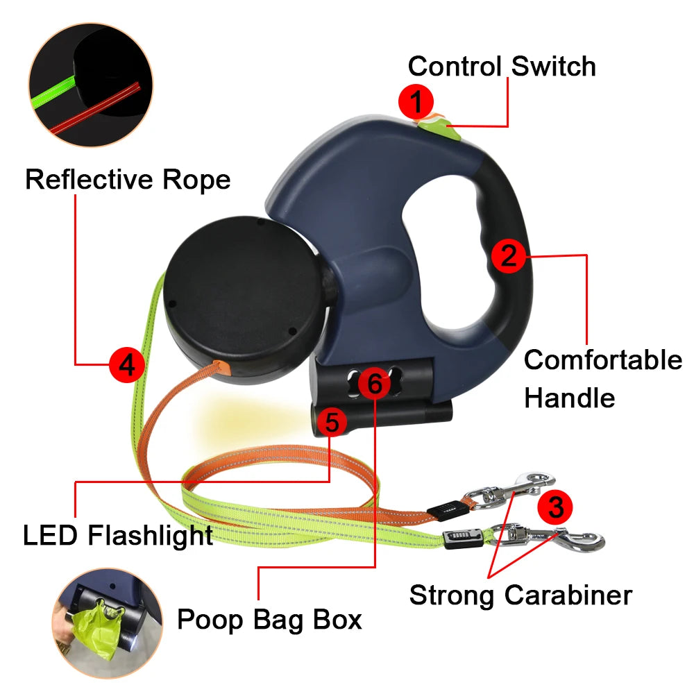 3M Reflective Retractable Dual Dog Leash for Small Dogs with 360° Swivel and Integrated Lights