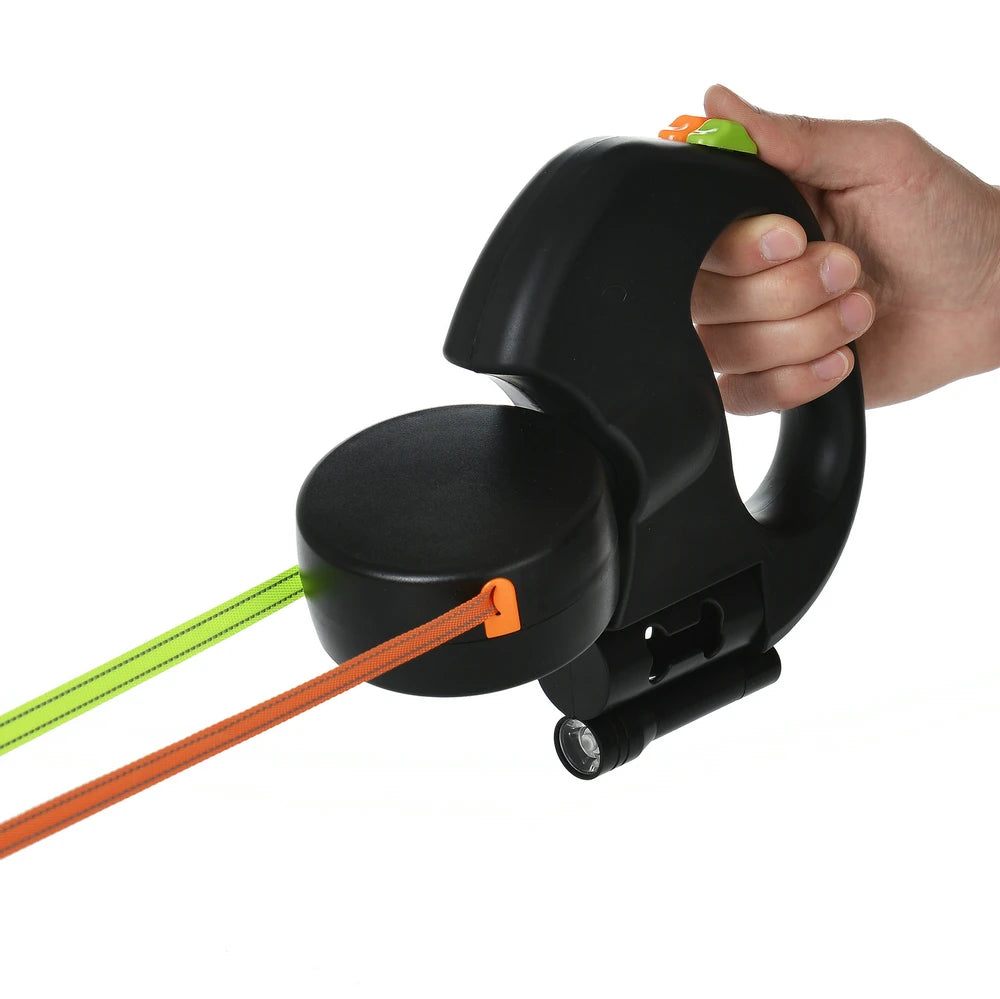 3M Reflective Retractable Dual Dog Leash for Small Dogs with 360° Swivel and Integrated Lights