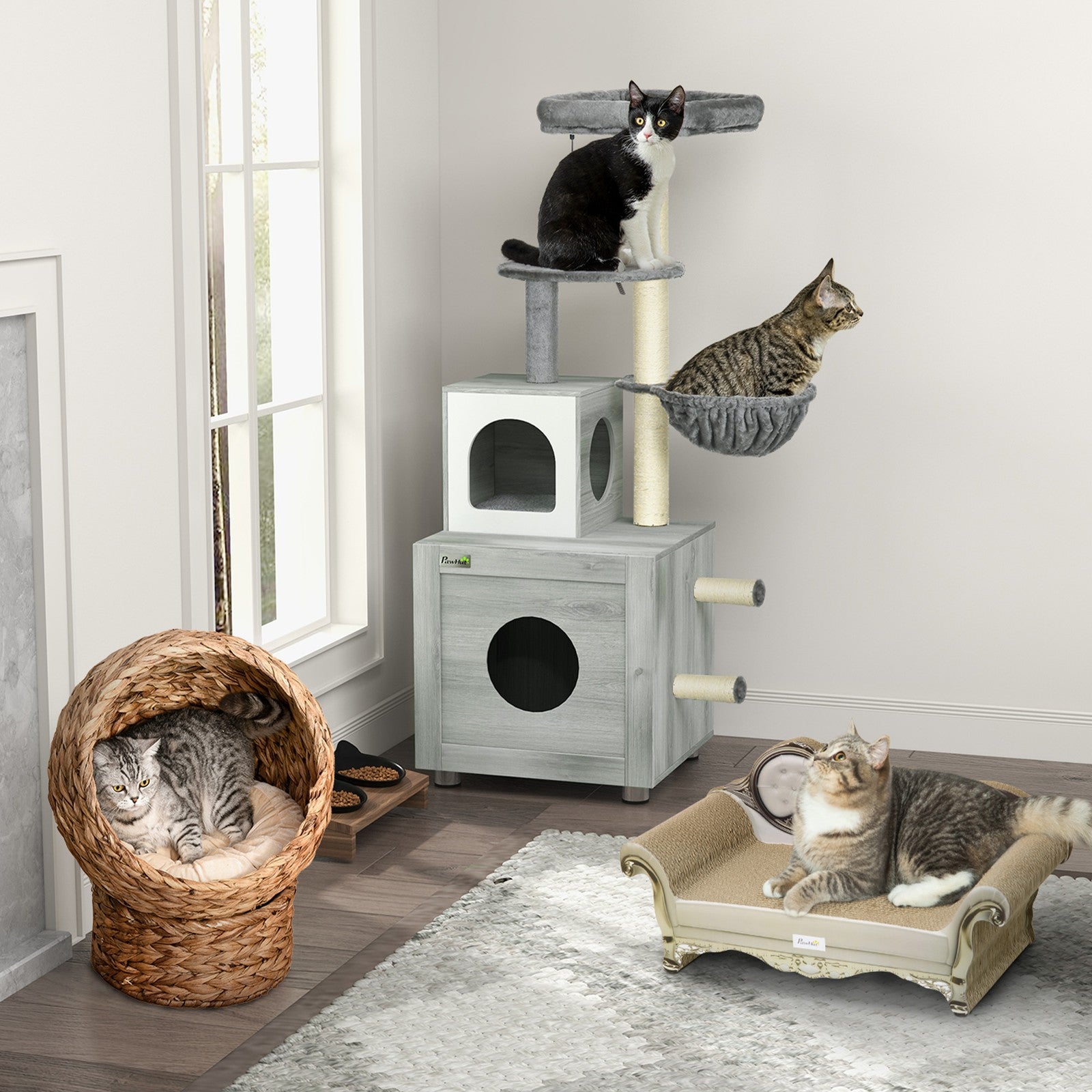Pawhut Cat Litter Box Enclosure with Integrated Cat House, Bed, Scratching Posts, and Platform