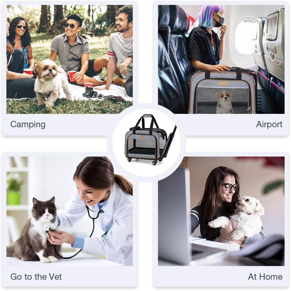 Dog Carrier with Wheels Rolling Pet Carrier Cat Carrier Airline Approved,Wheeled Pet Carrier with Telescopic Walking Handle,Grey