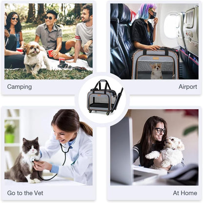 Dog Carrier with Wheels Rolling Pet Carrier Cat Carrier Airline Approved,Wheeled Pet Carrier with Telescopic Walking Handle,Grey