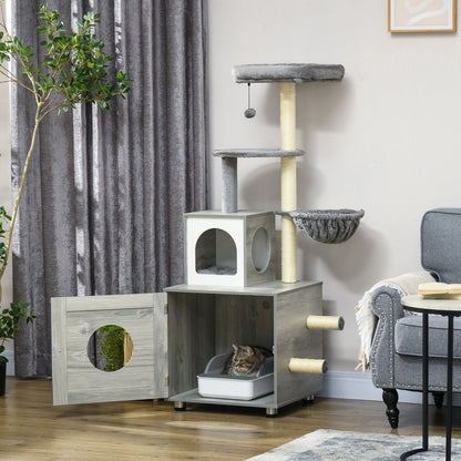 Pawhut Cat Litter Box Enclosure with Integrated Cat House, Bed, Scratching Posts, and Platform