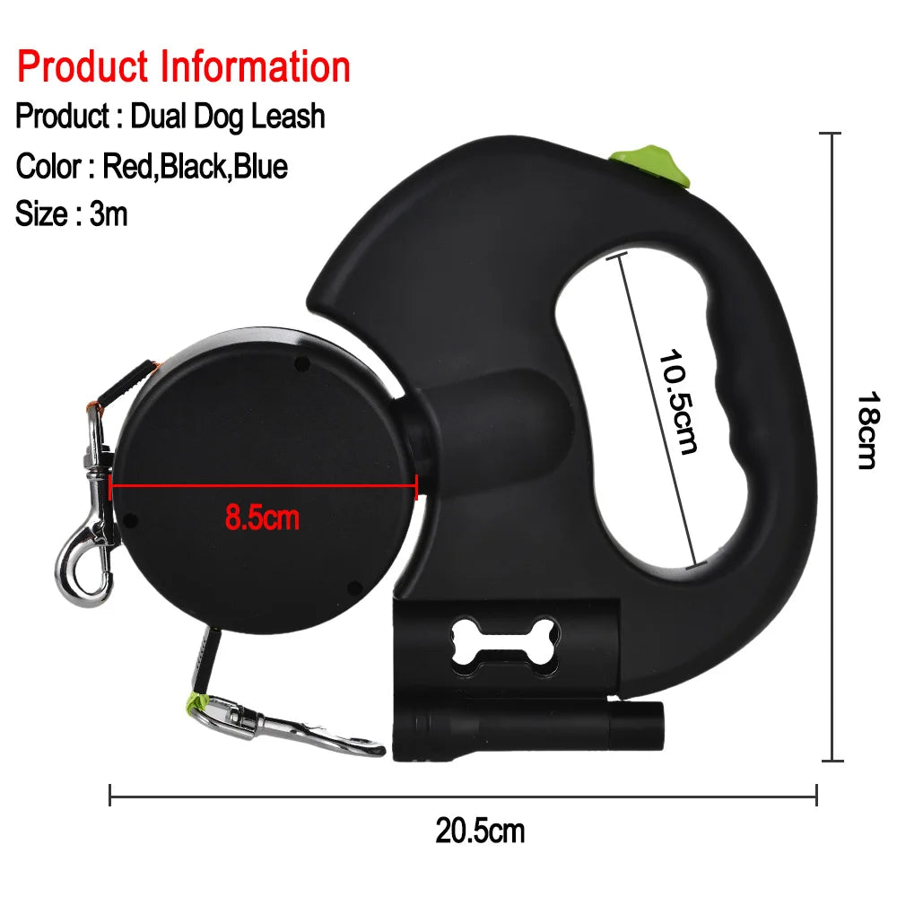 3M Reflective Retractable Dual Dog Leash for Small Dogs with 360° Swivel and Integrated Lights